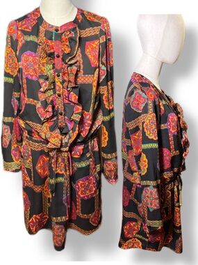 Phoebe Couture Black Long Sleeve Paisley Medallion Dress with Multicolor Accents